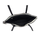 Black handbag with a zipper on a white background