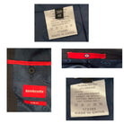 Collage of clothing labels with brand logo and text details.