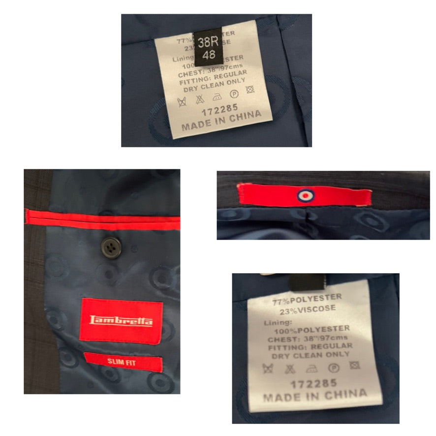 Collage of clothing labels with brand logo and text details.