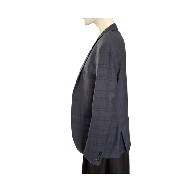 Navy checkered blazer on a mannequin against a white background