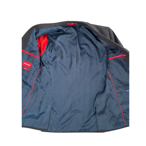 Dark blue jacket with red accents on a white background