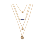 Set of gold necklaces with various pendants on a white background