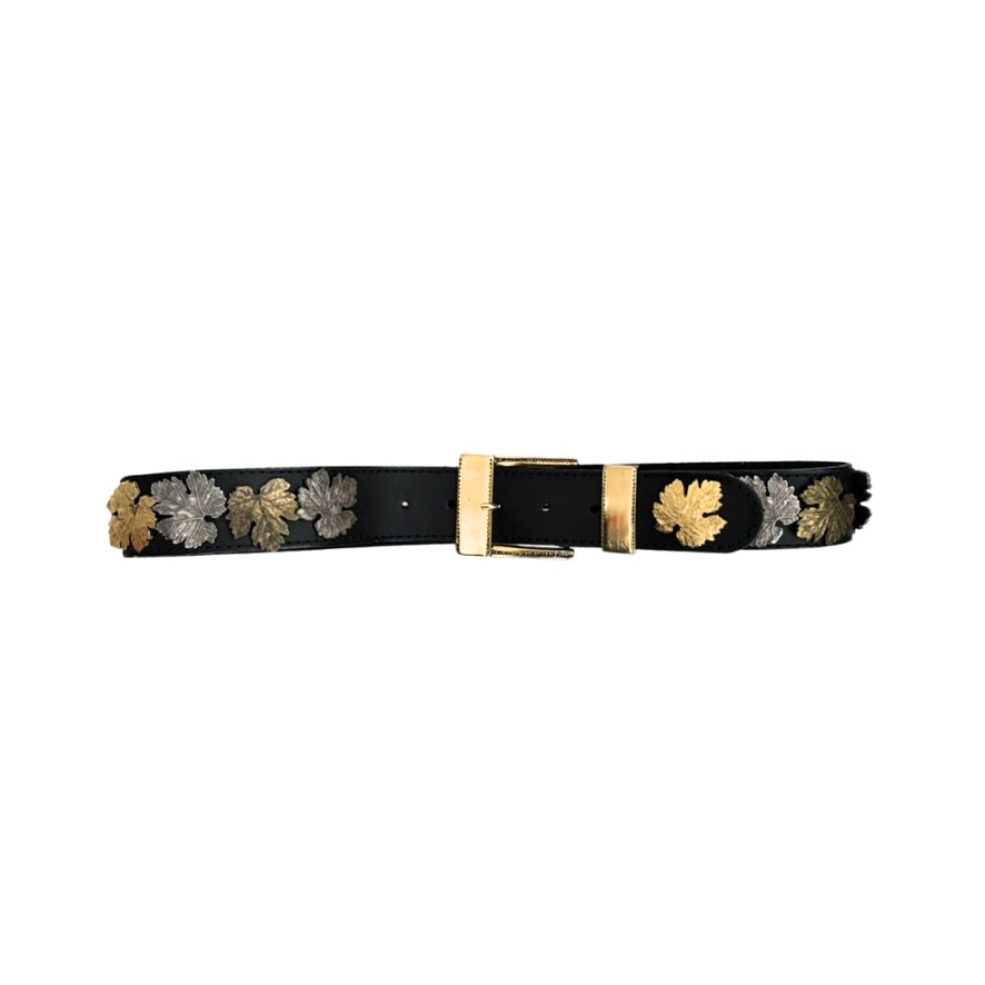 Black belt with gold and silver floral embroidery on a white background