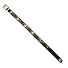 Black leather belt with gold floral patterns on a white background