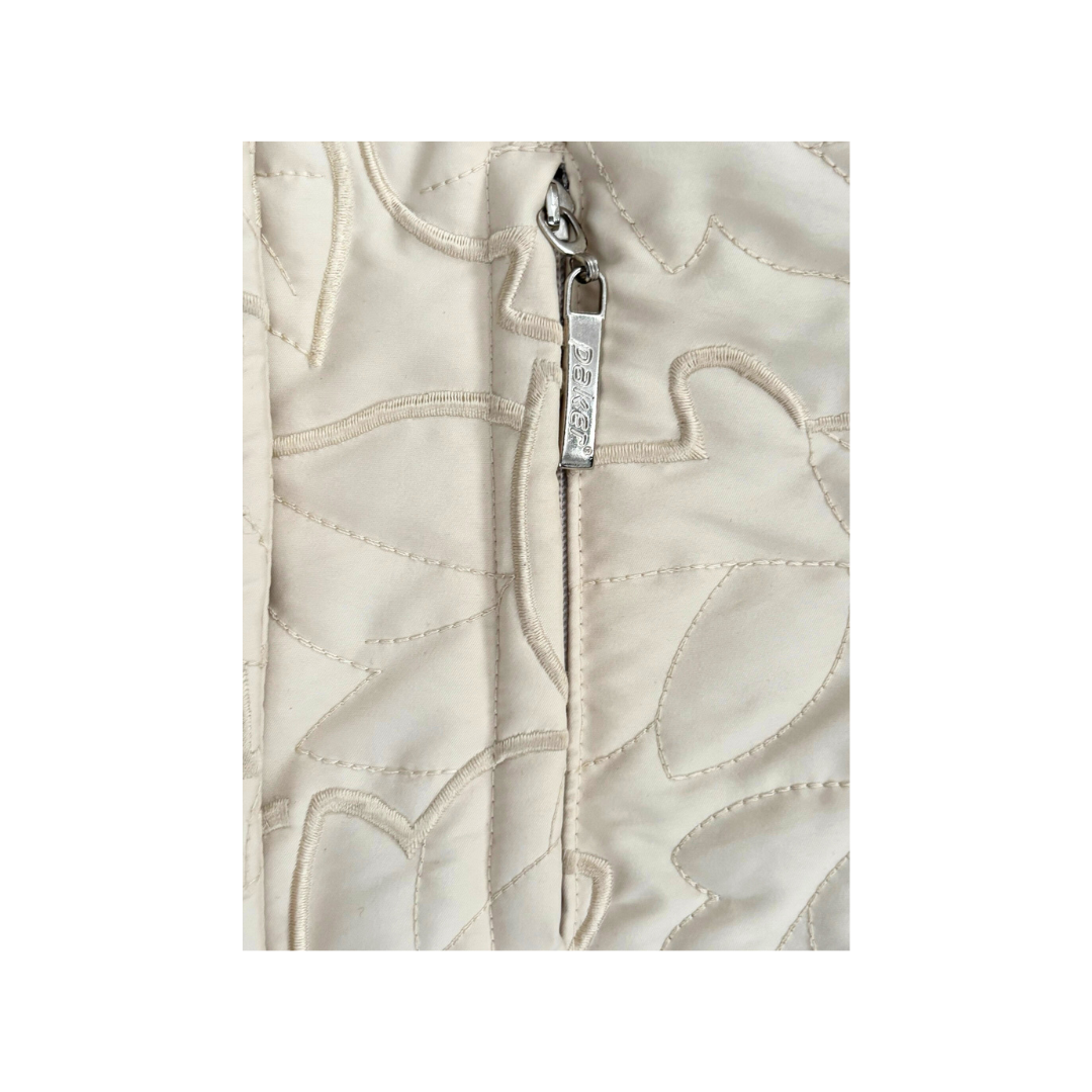 Close-up of a beige quilted jacket with a zipper on a white background