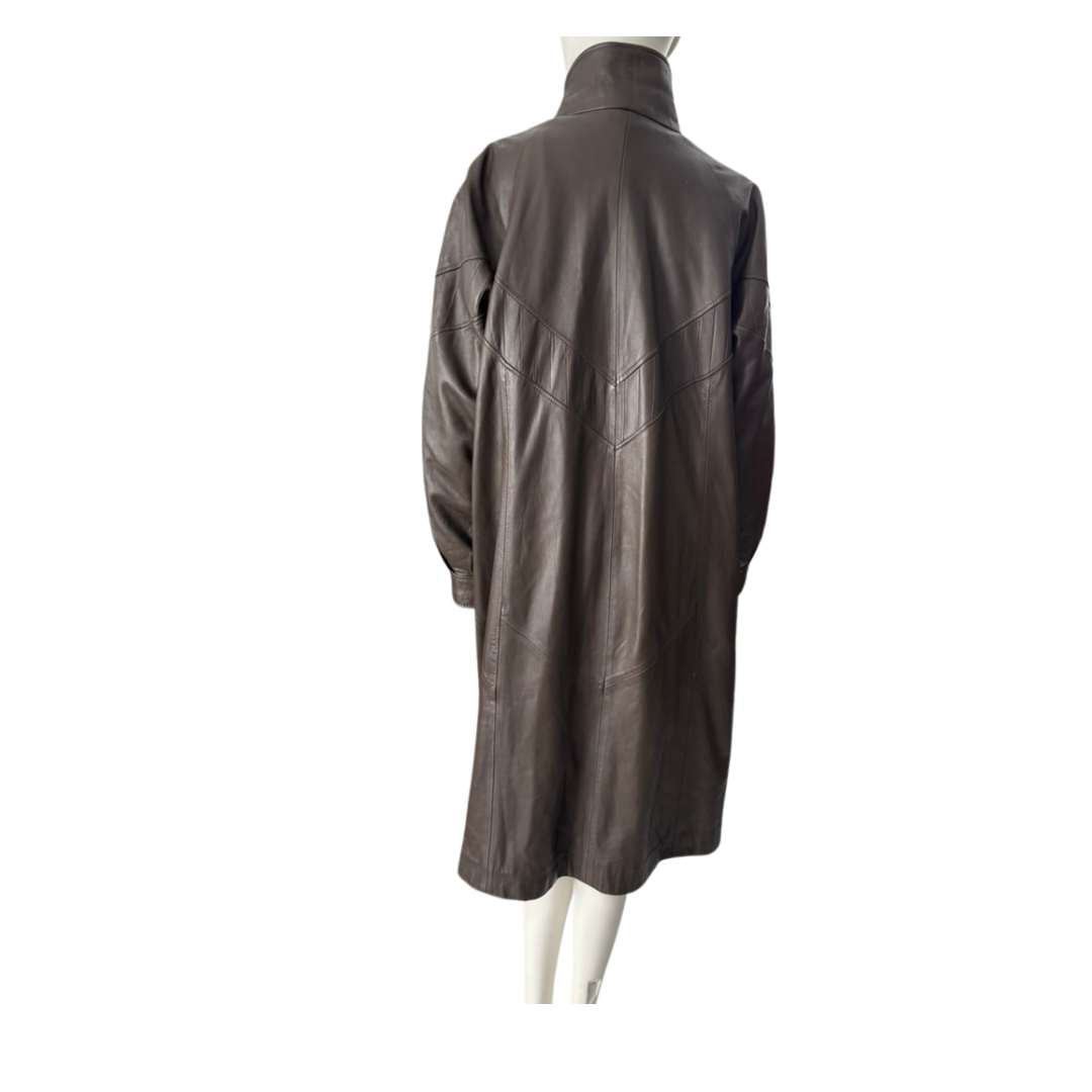 Brown leather coat on a mannequin against a white background