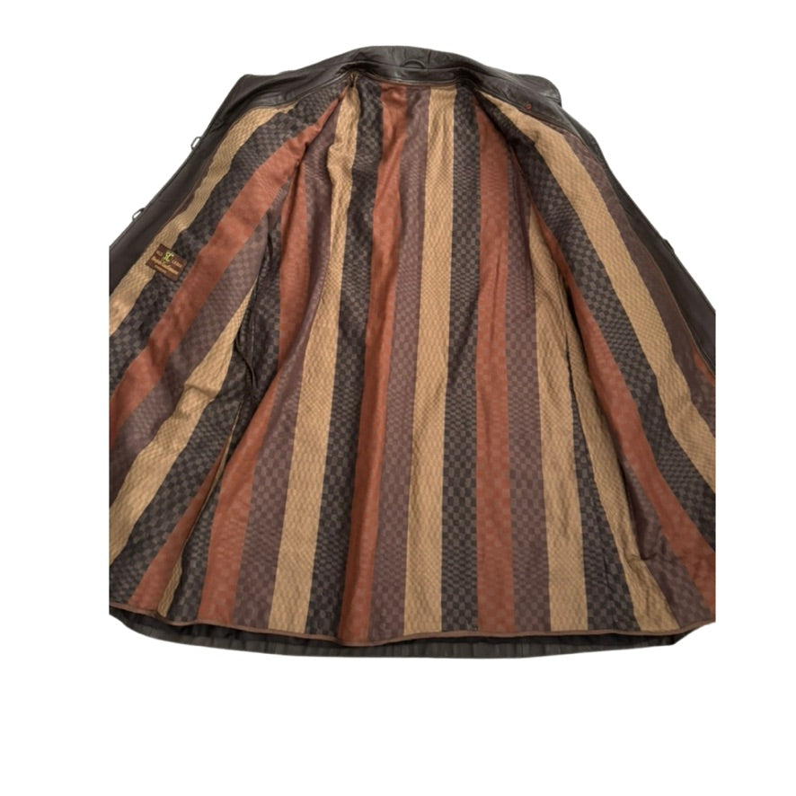 Striped skirt with brown, beige, and black pattern on a white background