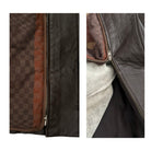 Close-up of a jacket with patterned lining and zipper detail