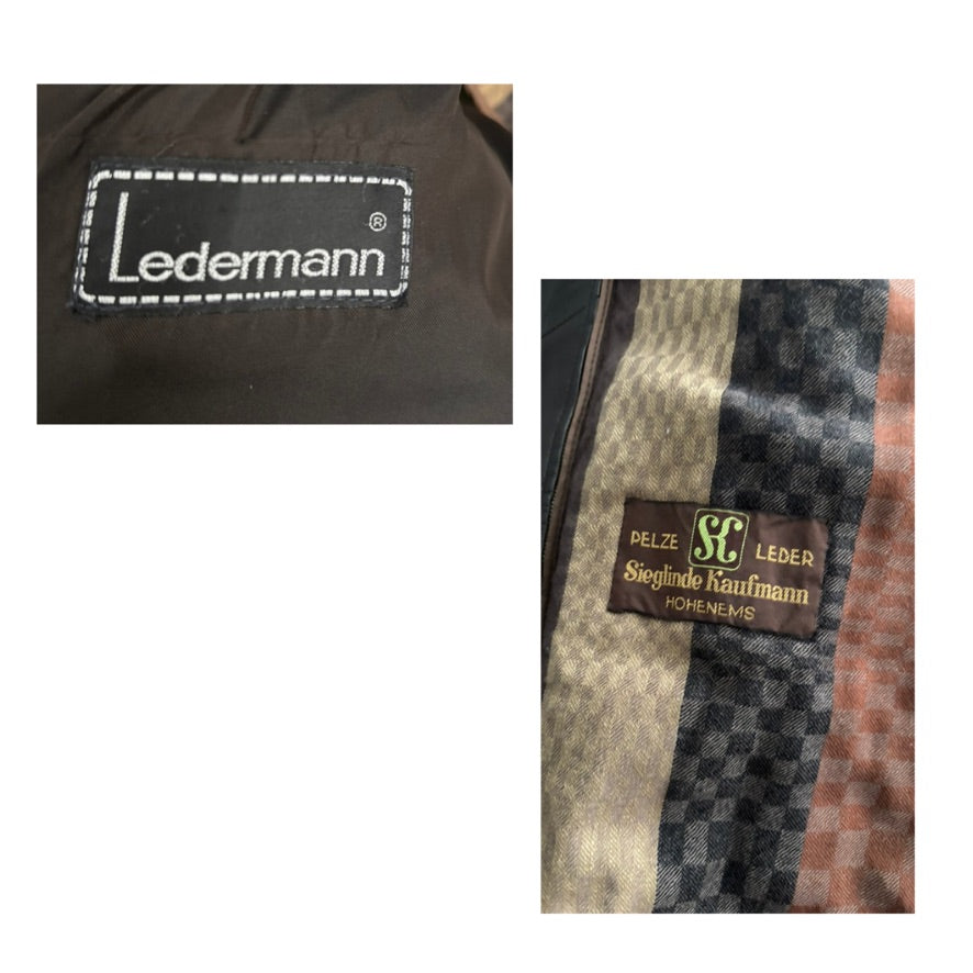 Two leather labels from Ledermann and Siglinge Kaufmann on a textured fabric background.