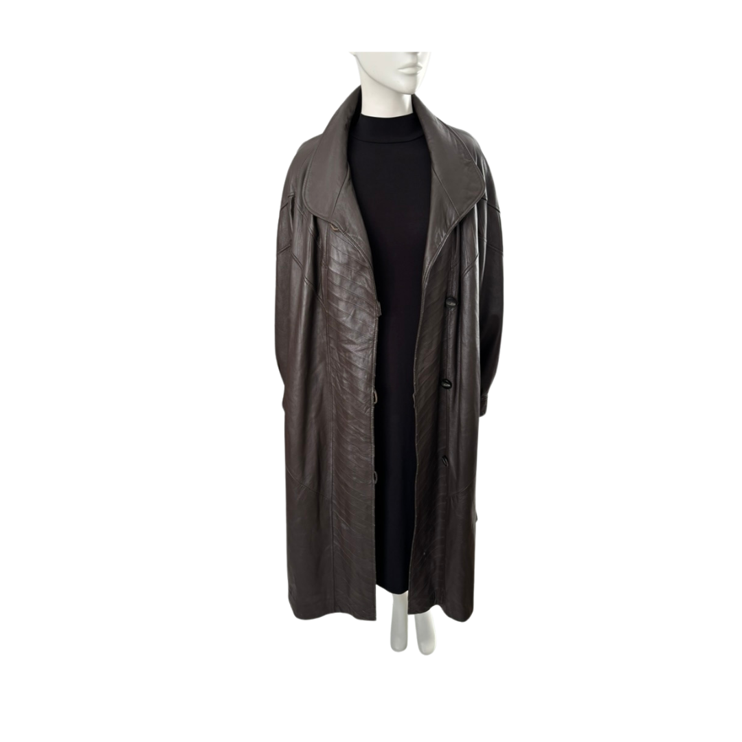 Brown leather coat on a mannequin against a white background