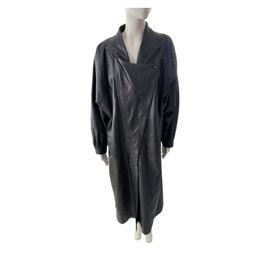 Black leather coat on a mannequin against a white background