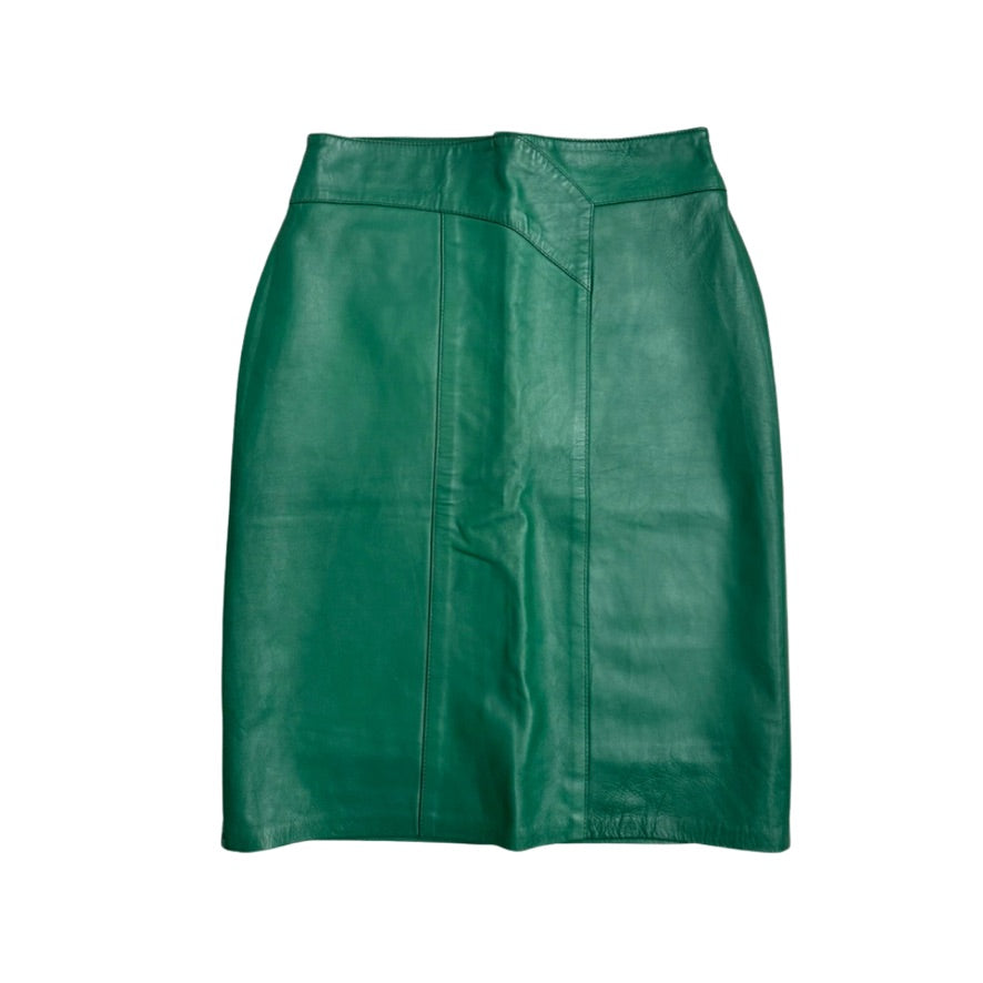 Green leather pencil skirt on white background 
