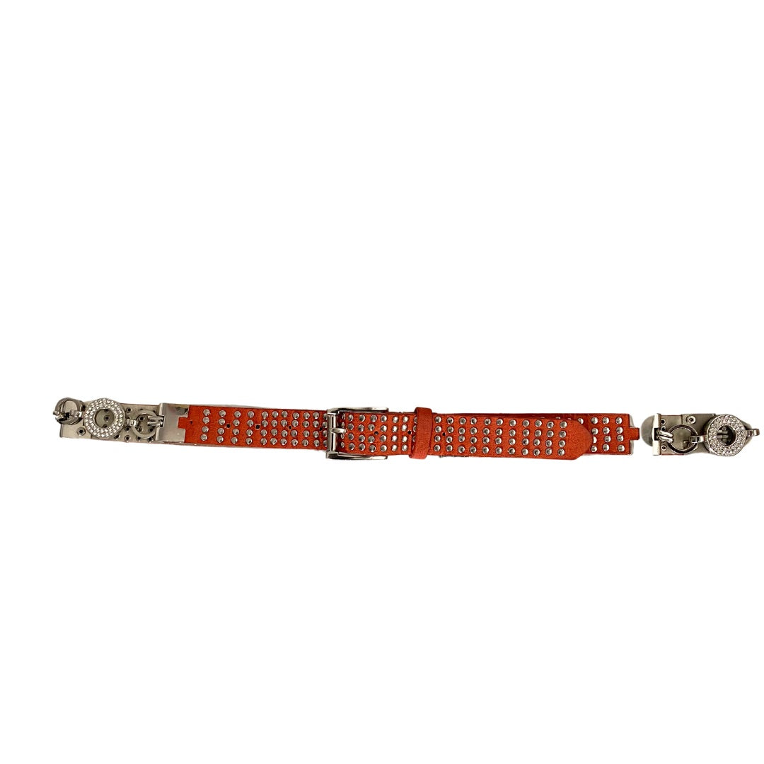 Vintage orange leather belt with silver tone hardware and loop chain intersections.