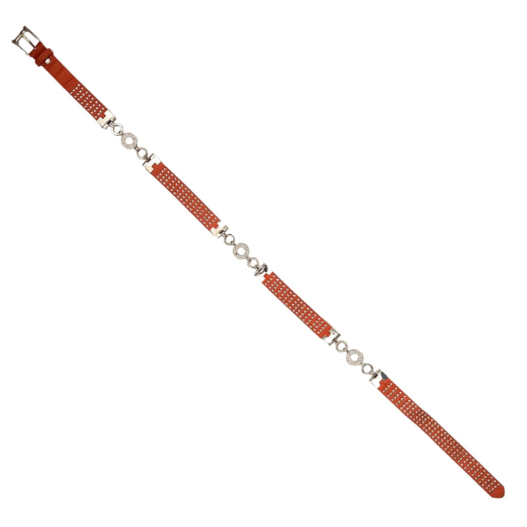 Vintage orange leather belt with silver tone hardware and loop chain intersections.
