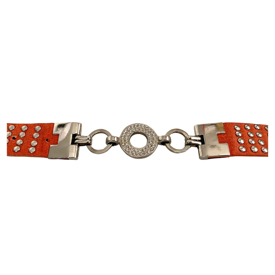 Vintage orange leather belt with silver tone hardware and loop chain intersections.