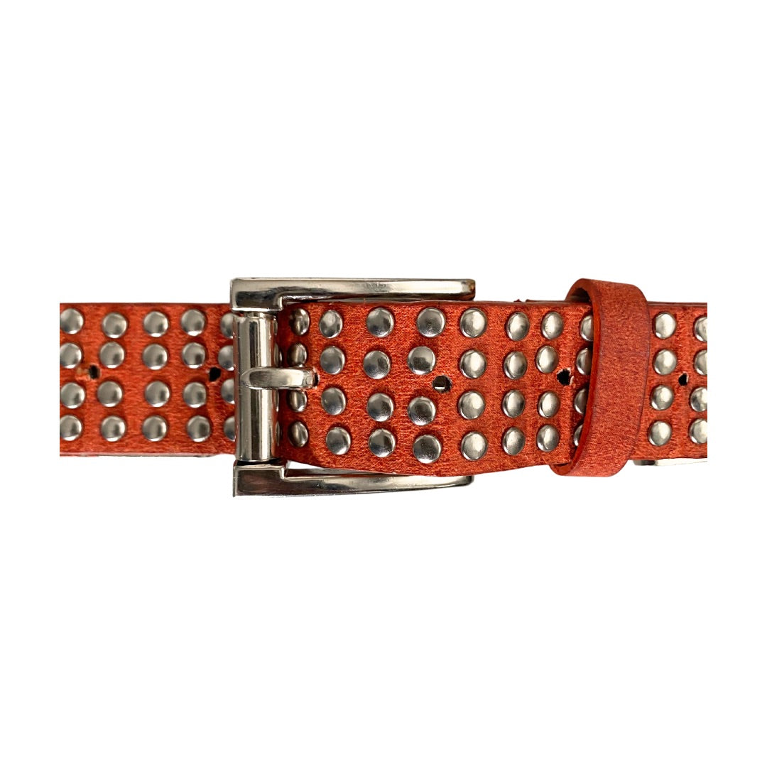 Vintage orange leather belt with silver tone hardware and loop chain intersections.