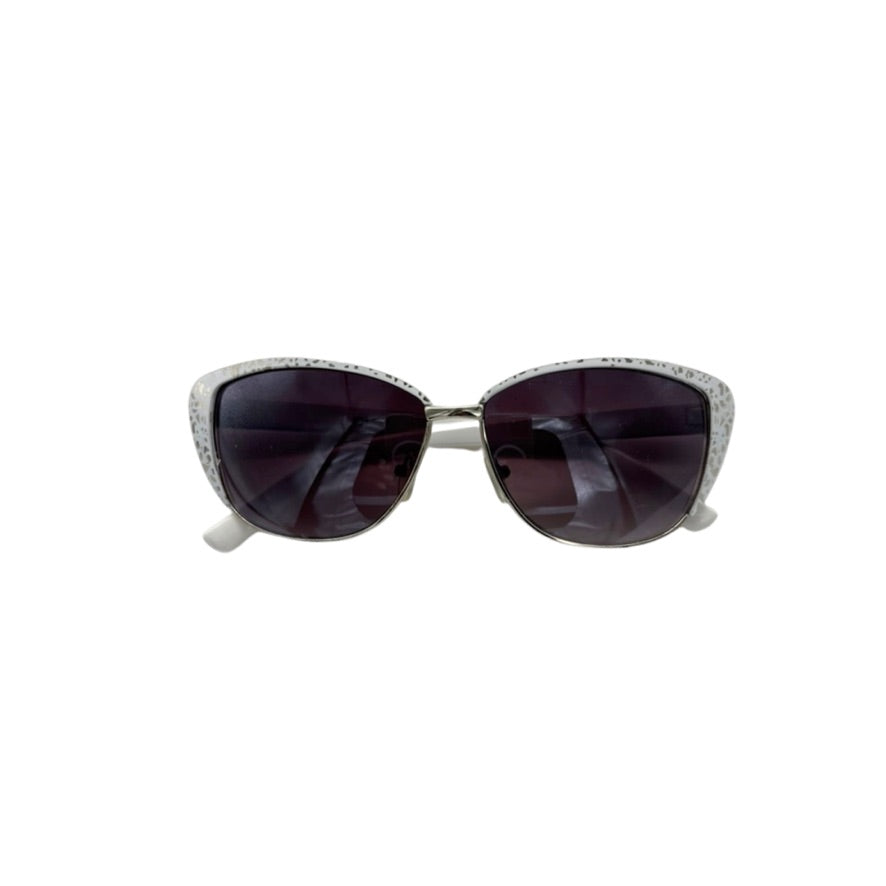 Sunglasses with dark lenses and silver frame on a white background