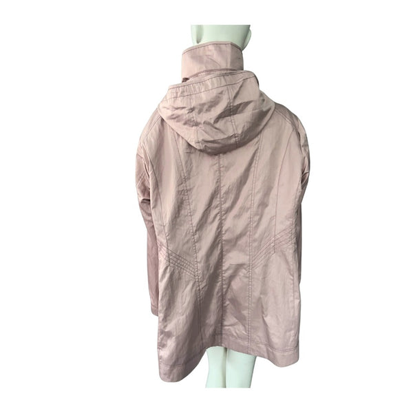 Light pink hooded jacket on a mannequin against a white background