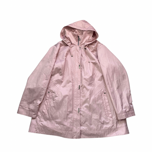 Light pink hooded A-line jacket with front zip and snap fastening.