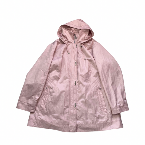 Light pink hooded A-line jacket with front zip and snap fastening.