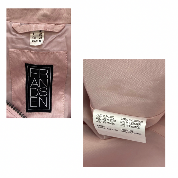 Close-up of a pink jacket with a brand label and fabric content label.