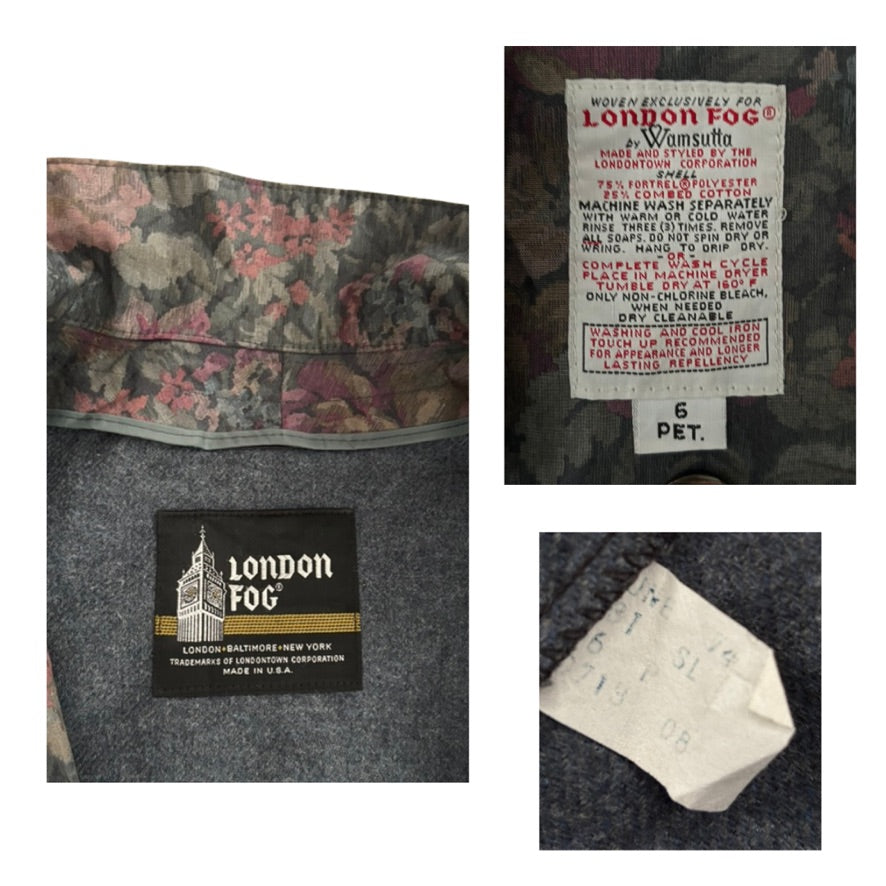 Collage of London Fog clothing with label and care instructions.