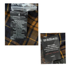 Close-up of a London Fog label on plaid fabric with text details.