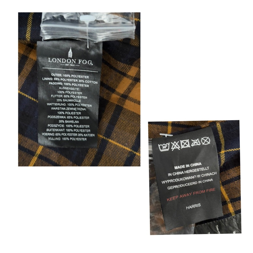 Close-up of a London Fog label on plaid fabric with text details.