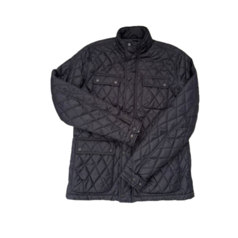 Navy quilted jacket on a white background