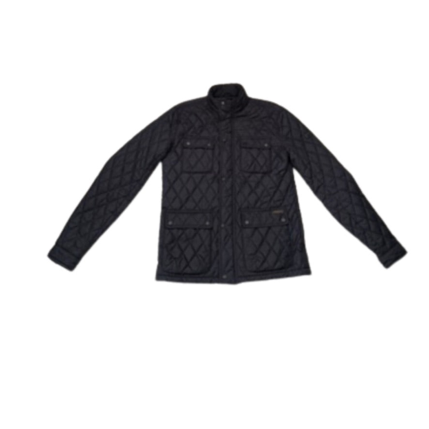 Navy quilted jacket on a white background