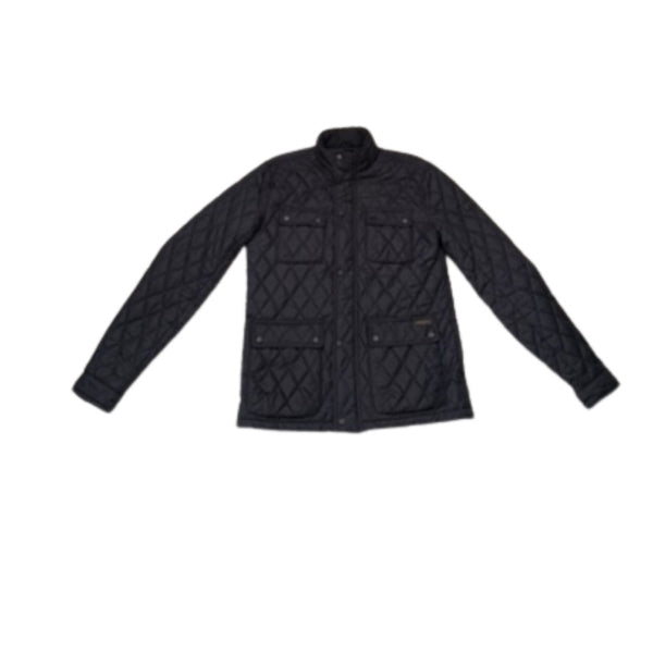 Navy quilted jacket on a white background