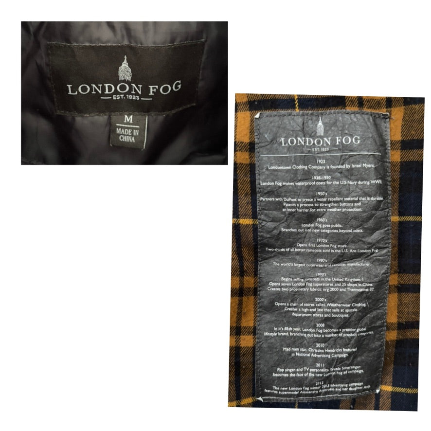 Close-up of London Fog label on a jacket with brand details.