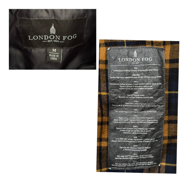 Close-up of London Fog label on a jacket with brand details.