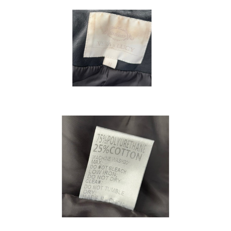 Clothing labels with fabric composition and care instructions on a white background