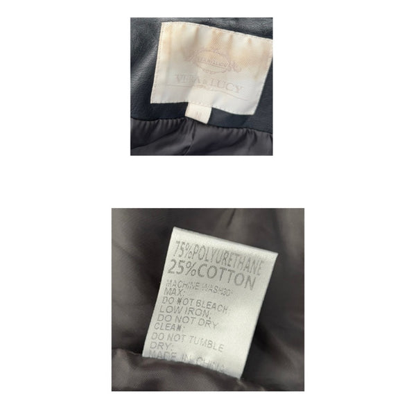 Clothing labels with fabric composition and care instructions on a white background