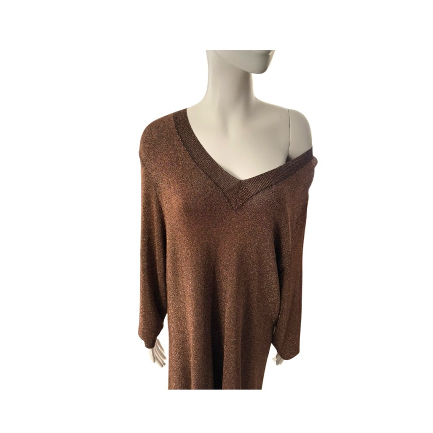 Brown off-shoulder dress on a mannequin against a white background