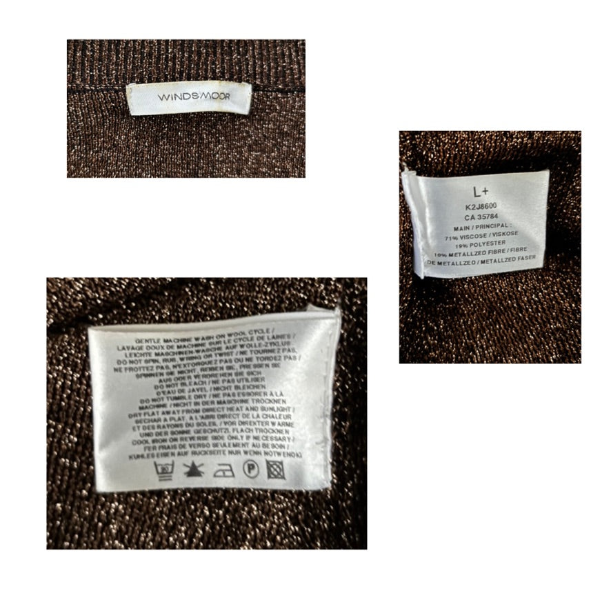 Close-up of fabric labels with text and symbols on a textured brown background