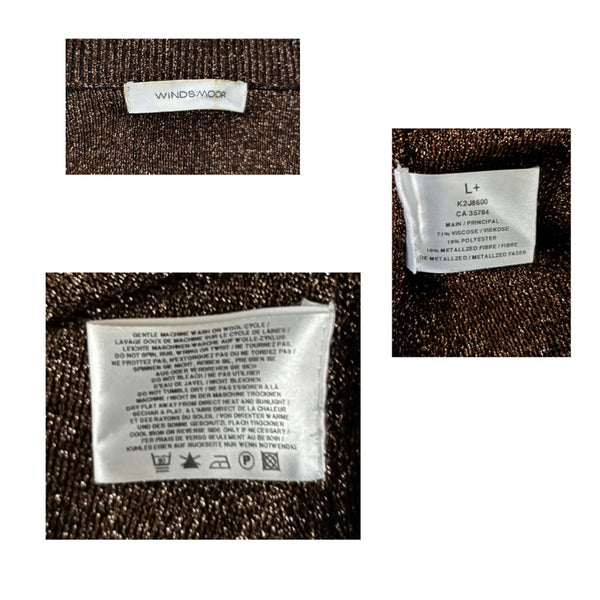 Close-up of fabric labels with text and symbols on a textured brown background