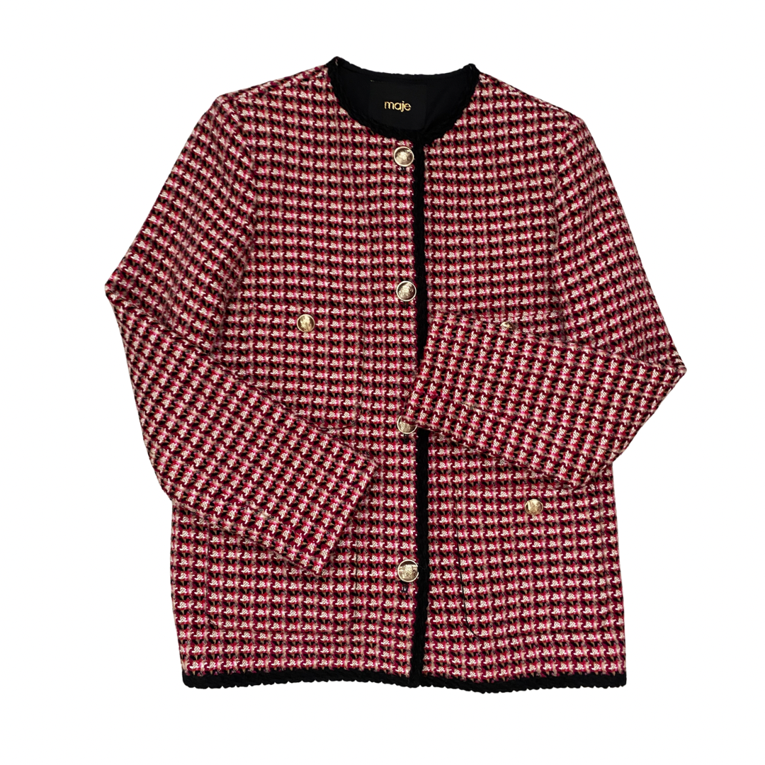 Red and black checkered coat with gold buttons on a white background