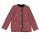 Red and black checkered jacket with gold buttons on a white background