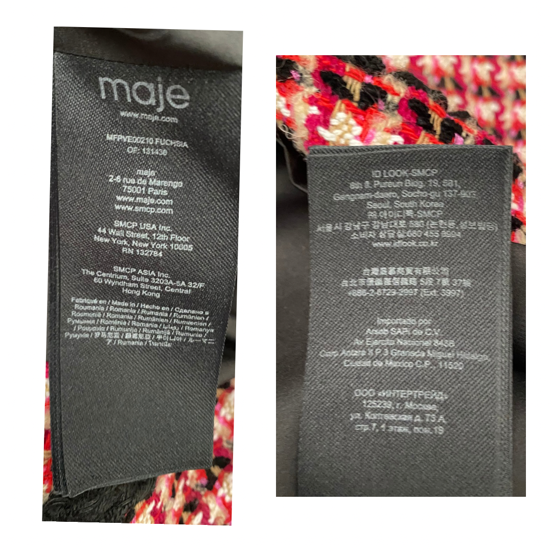 Close-up of Maje label on a garment with brand details.