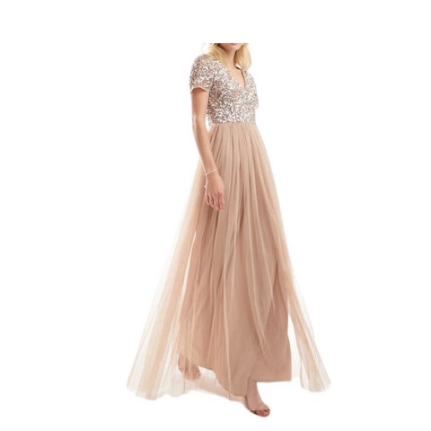 MAYA Tall Sequins Tulle Maxi Dress Taupe SIZE 16 - Preloved