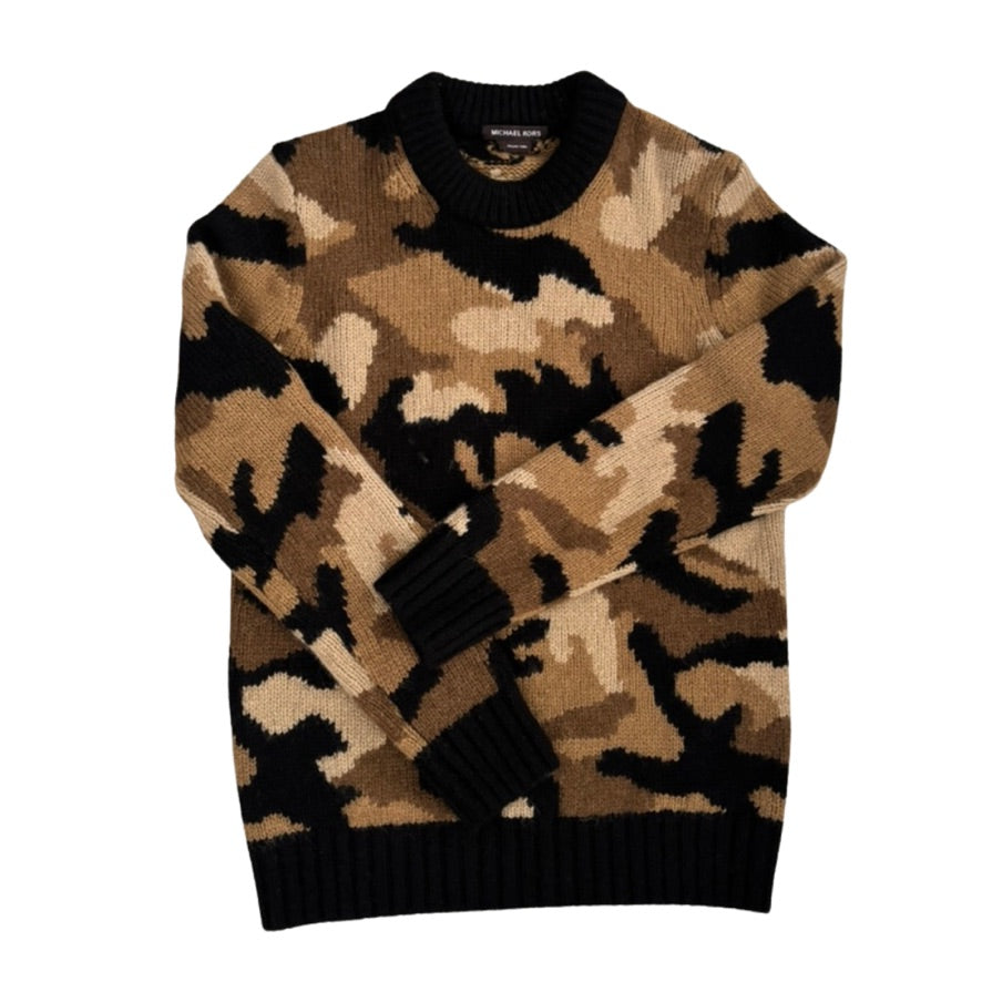 Camouflage-patterned sweater on a white background