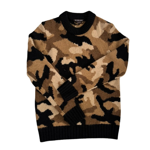Camouflage-patterned sweater on a white background