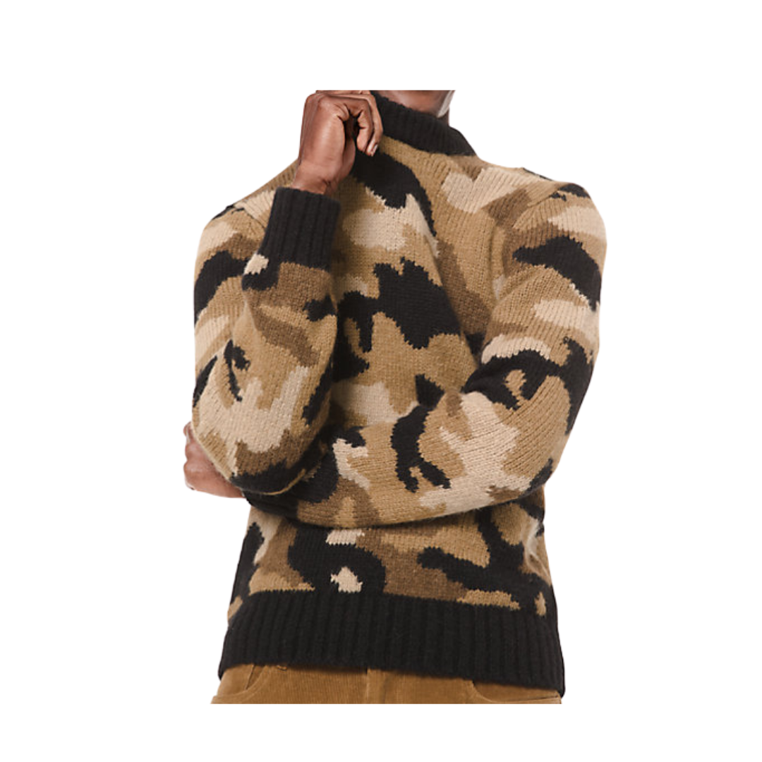 Camouflage-patterned sweater worn by a person on a white background