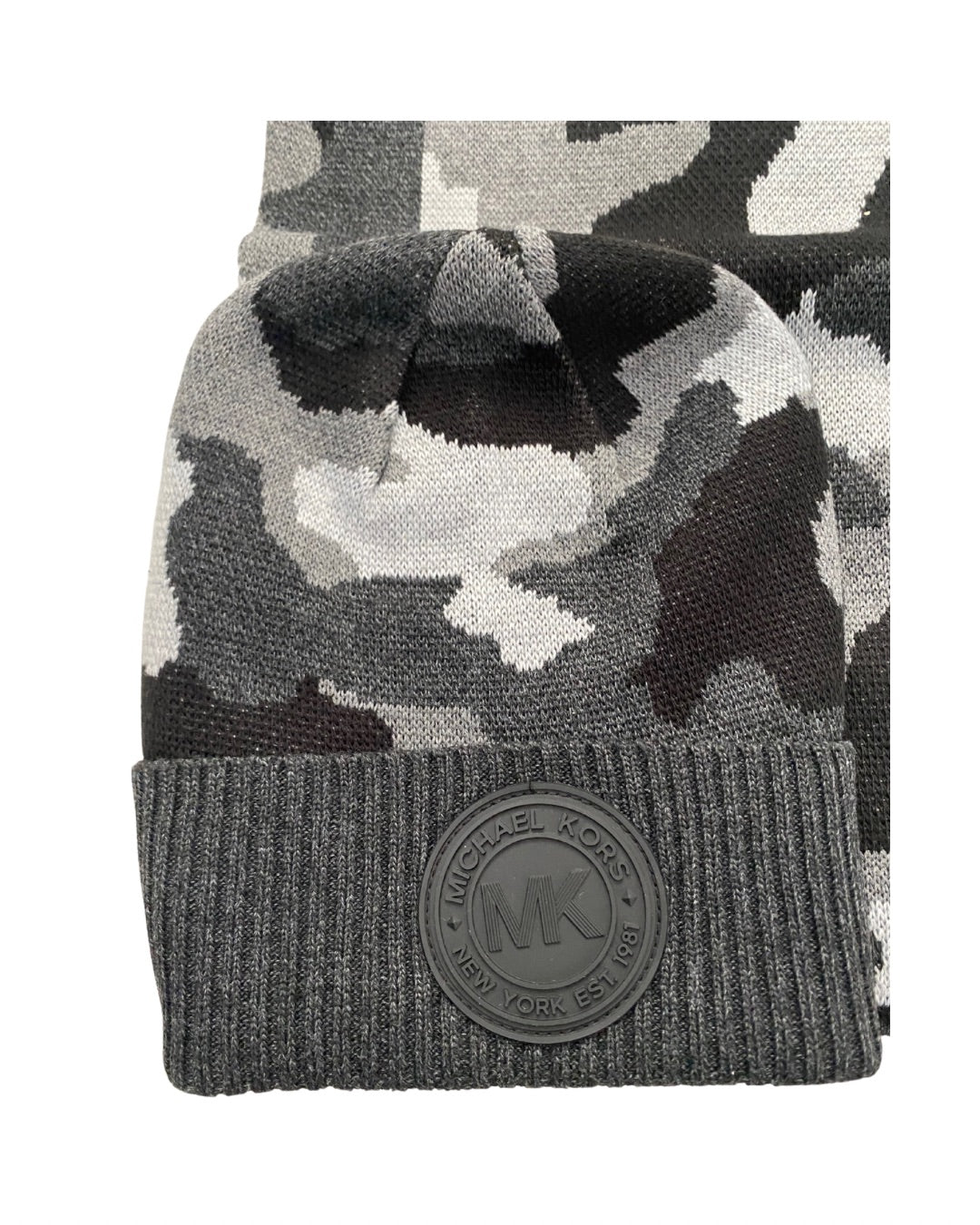 Camouflage-patterned beanie with a brand logo on a white background