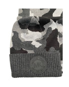 Camouflage-patterned beanie with a brand logo on a white background