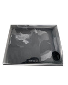Grey camouflage scarf and hat set in a box on a white background