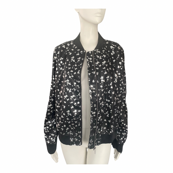 MICHAEL KORS Floral PU Bomber Jacket Black Silver SIZE L - New