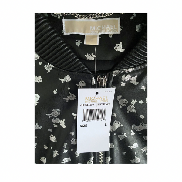 MICHAEL KORS Floral PU Bomber Jacket Black Silver SIZE L - New